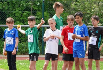 280 junge Leichtathleten zeigen beim 7. Erzgebirgsmeeting in Gelenau ihr Können - Zum Fünfkampf gehörte auch der Schlagballwurf. Foto: Andreas Bauer