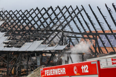 Das THW ist seit etwa 13 Uhr mit einem Bagger im Einsatz, um das abgebrannte Gebäude abzureißen. Foto: Andreas Kretschel