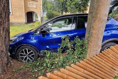 Autounfall in Großgrabe: Fahrerin landet zwischen Baum und Zaun - Die Fahrerin eines Renault kam aus bislang ungeklärter Ursache von der Fahrbahn ab. Foto: xcitepress