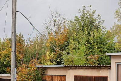 Baum fällt auf Garage: Person verletzt und Stromleitungen beschädigt - Ein entwurzelter Baum liegt auf einer Doppelgarage in Lößnitz, nachdem er durch den Sturm gefallen ist und Stromleitungen mitgerissen hat. Foto: Niko Mutschmann