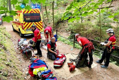 Bergwacht-Einsatz in Schwedenlöchern: 81-Jähriger mit Klettertrage gerettet - Doch das war nicht das einzige Ereignis des Tages. An der Brücke in die Schwedenlöcher ereignete sich ein weiterer Vorfall. Foto: Marko Förster