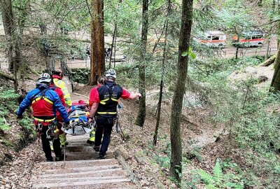 Bergwacht-Einsatz in Schwedenlöchern: 81-Jähriger mit Klettertrage gerettet - Die Rettungskräfte versorgten den Mann vor Ort und transportierten ihn anschließend im Rettungswagen. Foto: Marko Förster