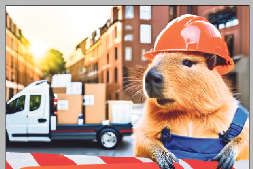 Capybara mit Helm vor Umzugswagen