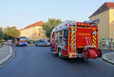 Brand in Dresden: Balkon eines Mehrfamilienhauses in Flammen - Die Steinbacher Straße war wegen des Einsatzes gesperrt. Foto: Roland Halkasch