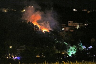 Brand in Loschwitz: Feuerwehr kämpfte die ganze Nacht - Die Feuerwehrleute hatten große Probleme, das Brandobjekt im unwegsamen Gelände zu erreichen. Foto: Roland Halkasch