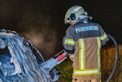 Brand in Sachsen: Feuer brennt Auto und Rapsfeld ab - Die Feuerwehr war zahlreich vor Ort, um den Brand zu löschen. Foto: xcitepress