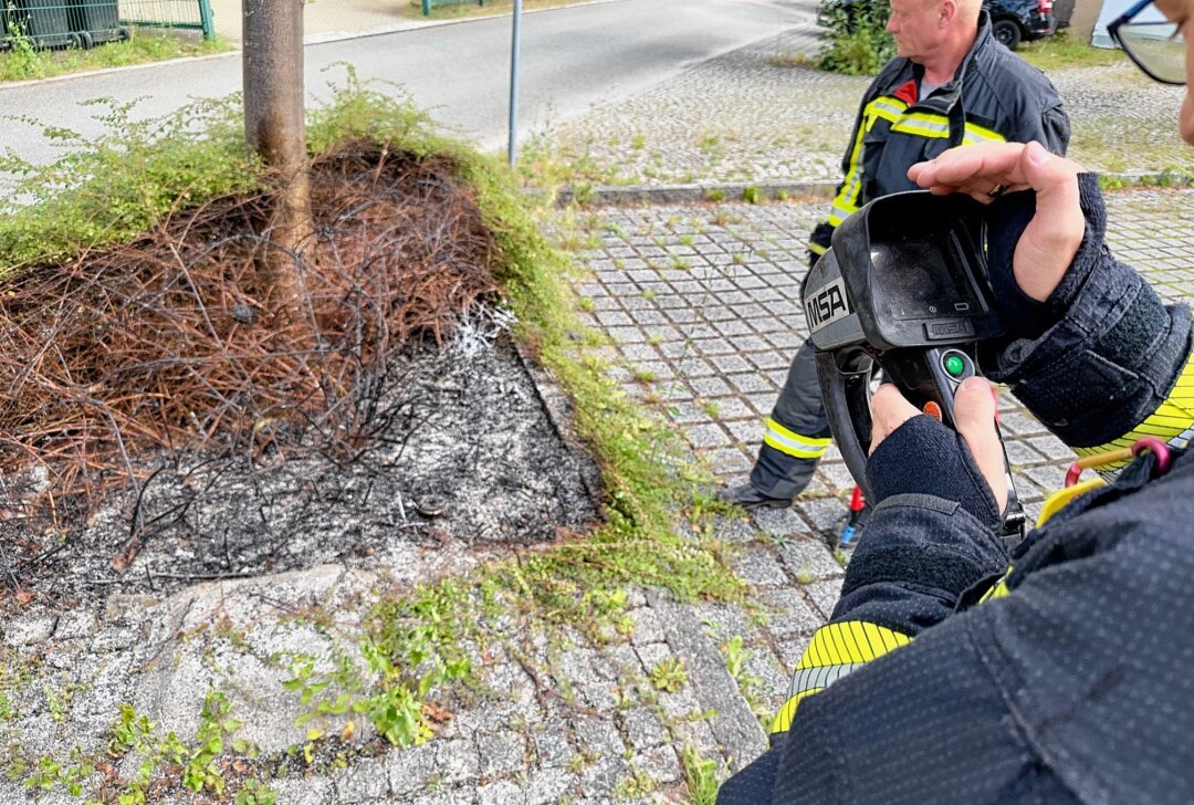 Brennender Mülleimer nahe Auer Postplatz: Feuerwehr im Einsatz - Am heutigen Nachmittag wurde die Feuerwehr Aue zu einem brennenden Mülleimer an der Poststraße/Schillerstraße alarmiert. Ein Müllkübel stand in Flammen. Foto: Daniel Unger