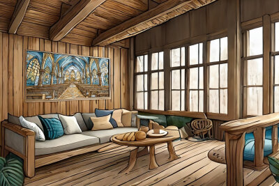Ein holziger Wohnzimmer mit Sofa und einem Puzzlebild der Annenkirche auf Annaberg-Buchholz an der Wand.