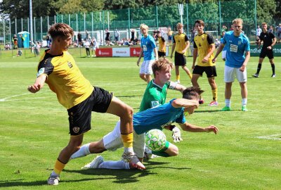 CFC-Struktur der bisherigen Bundesliga wurde verändert - In dieser Situation kommt CFC-Akteur Georg Hempel (vorn Mitte, blaues Trikot) im Spiel gegen Dynamo Dresden zu Fall. Foto: Knut Berger