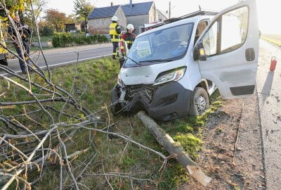 Crash auf Sächsischer Bundesstraße: Transporter kracht gegen Baum - Die B6 war über eine Stunde vollgesperrt. Foto: LausitzNews.de / Jens Kaczmarek