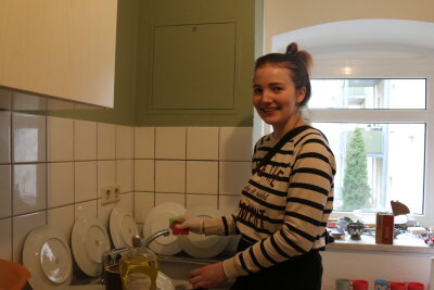 Frau beim Geschirr spülen 