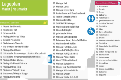 Diese Winzer nehmen am Chemnitzer Weinfest 2024 teil - Der Lageplan vom Weindorf auf dem Markt Chemnitz.