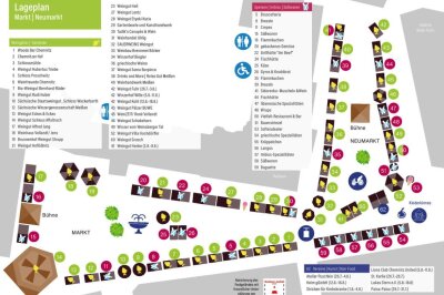 Diese Winzer nehmen am Chemnitzer Weinfest 2024 teil - Der Lageplan vom Weindorf auf dem Markt Chemnitz.