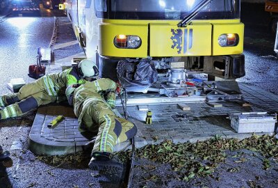 Dresden: Straßenbahn entgleist und bleibt auf Asphalt stehen - Aus noch ungeklärter rutschte die 34,5 Tonnen schwere Bahn am Gleisende über eine Verkehrsinsel und blieb mit dem ersten Fahrgestell auf dem Asphalt stehen. Foto: Roland Halkasch