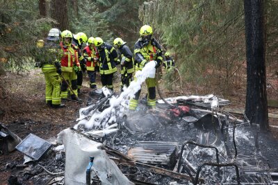 Einsatz für die Feuerwehr: Wohnwagen in Vollbrand - Die Feuerwehr löschte zuerst mit Wasser, im Anschluss mit Schaum.  