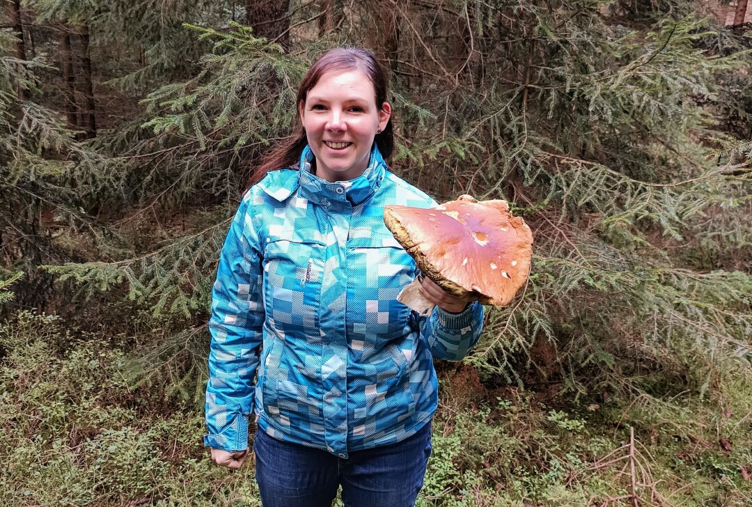 Erneuter Sensationsfund: Erzgebirgerin findet riesigen Steinpilz - Vivien Leib aus dem Erzgebirge findet einen riesigen Steinpilz. Foto: privat