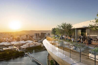 Erste Eröffnung in Brisbanes neuem Lifestyle-Viertel - Das neue Sky Deck im Queen's Wharf Brisbane bietet einen spektakulären Blick auf die Stadt und den Brisbane River.