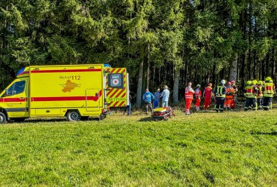 Fallschirmspringer landet in Baumkrone: Feuerwehr rückt im Erzgebirge auf Flugplatz aus - Vermutlich auf Grund des böigen Windes kam ein Fallschirmspringer vom Landepunkt ab und krachte mit seinem Fallschirm in einem angrenzenden Wald. Foto: Feuerwehr Annaberg-Buchholz