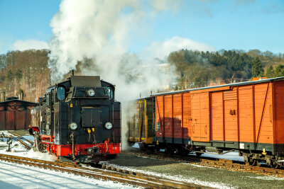 Ferienregion Altenberg autofrei erkunden: Mit Bahn und Bus das Osterzgebirge erleben -  Schnaufend schlängelt sich die Bahn bergab über Schmiedeberg, Dippoldiswalde bis zur Talsperre Malter und passiert auf ihrem Weg durch den Rabenauer Grund bis nach Freital-Hainsberg zahlreiche Brücken.