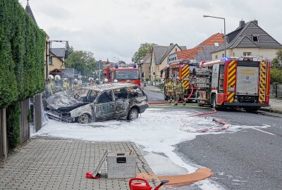 Feuerwehr im Einsatz: PKW geht während Fahrt in Flammen auf - Offenbar geriet auf der Königsbrücker Landstraße ein PKW VW Passat während der Fahrt in Brand. Foto: Roland Halkasch