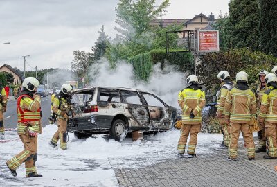 Feuerwehr im Einsatz: PKW geht während Fahrt in Flammen auf - Der Kombi prallte noch gegen einen Zaun. Foto: Roland Halkasch