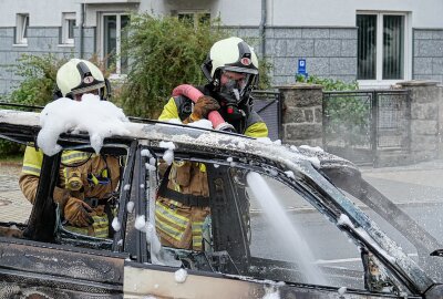 Feuerwehr im Einsatz: PKW geht während Fahrt in Flammen auf - Mit zwei Strahlrohren, mit Wasser und Schaum bekämpften die Feuerwehrleute die Flammen. Foto: Roland Halkasch