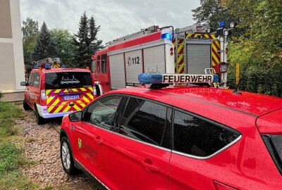 Feuerwehreinsatz in Aue: Rauchentwicklung in Mehrfamilienhaus - Blaulichtkräfte der Feuerwehr brachten den Topf ins Freie. Foto: Niko Mutschmann