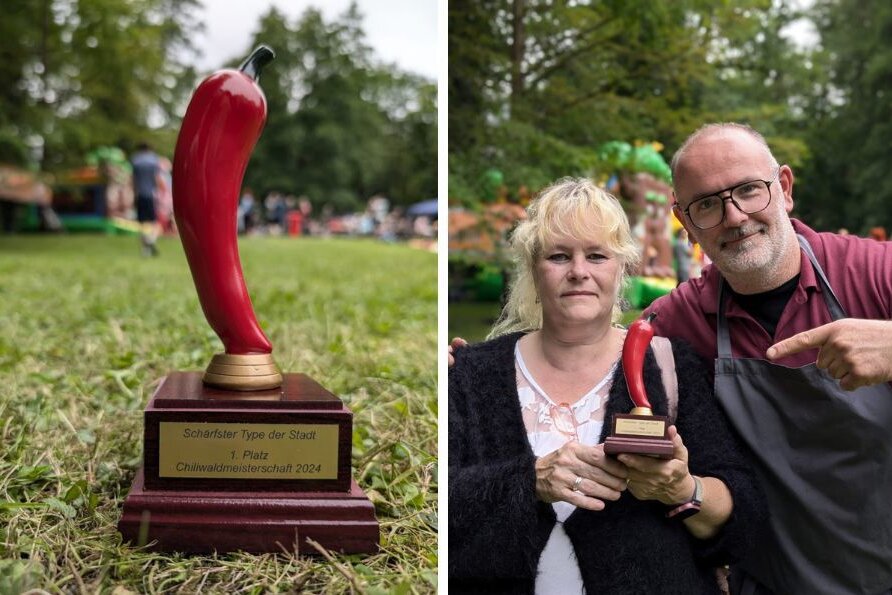 Feuriger Spaß und gute Laune: Siegerin der 1. Chilimeisterschaft beim Parkpicknick in Flöha gekürt - Die Gewinnerin der Chili WaldmEISterschaft mit Eismann Daniel Ivandic von der Eismanufaktur Kolibri.