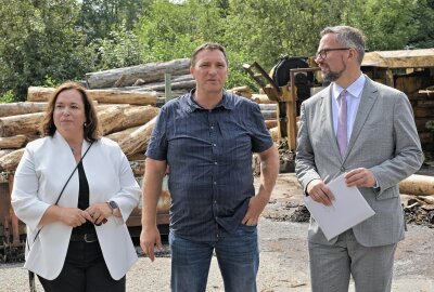 Förderung für Zwönitzer Holzhandel Faulhaber - Bei der Fördermittelübergabe (v.li.) MdL Simone Lang, Jörg Faulhaber, Geschäftsführer der Holzhandel Faulhaber GmbH und Wirtschaftsminister Martin Dulig. Foto: Ralf Wendland