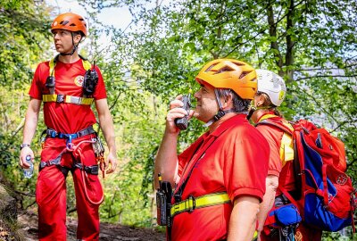 Frau stürzt 25 Meter in die Tiefe: Helikopter-Rettung nach schwerem Wanderunfall - Eine 51-jährige Frau aus Pirna stürzte gegen 10.15 Uhr rund 25 Meter vom Forststeig in die Tiefe. Foto: Marko Förster