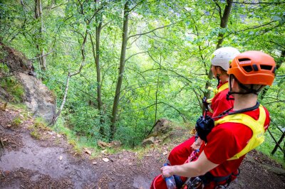 Frau stürzt 25 Meter in die Tiefe: Helikopter-Rettung nach schwerem Wanderunfall - Eine 51-jährige Frau aus Pirna stürzte gegen 10.15 Uhr rund 25 Meter vom Forststeig in die Tiefe. Foto: Marko Förster