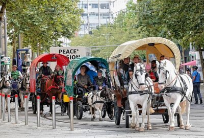 Friedenstreck 24 Dresden-Prag-Chemnitz erreicht Chemnitz - Bürgermeister Knut Kunze empfängt auf dem Neumarkt den Pferdefriedensglockentreck. Foto: Harry Härtel