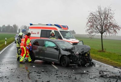 Frontalcrash auf B175 in Mittelsachsen: Zwei Fahrer schwer verletzt - Dabei wurde der Audi nach dem Zusammenprall in den Straßengraben geschleudert.