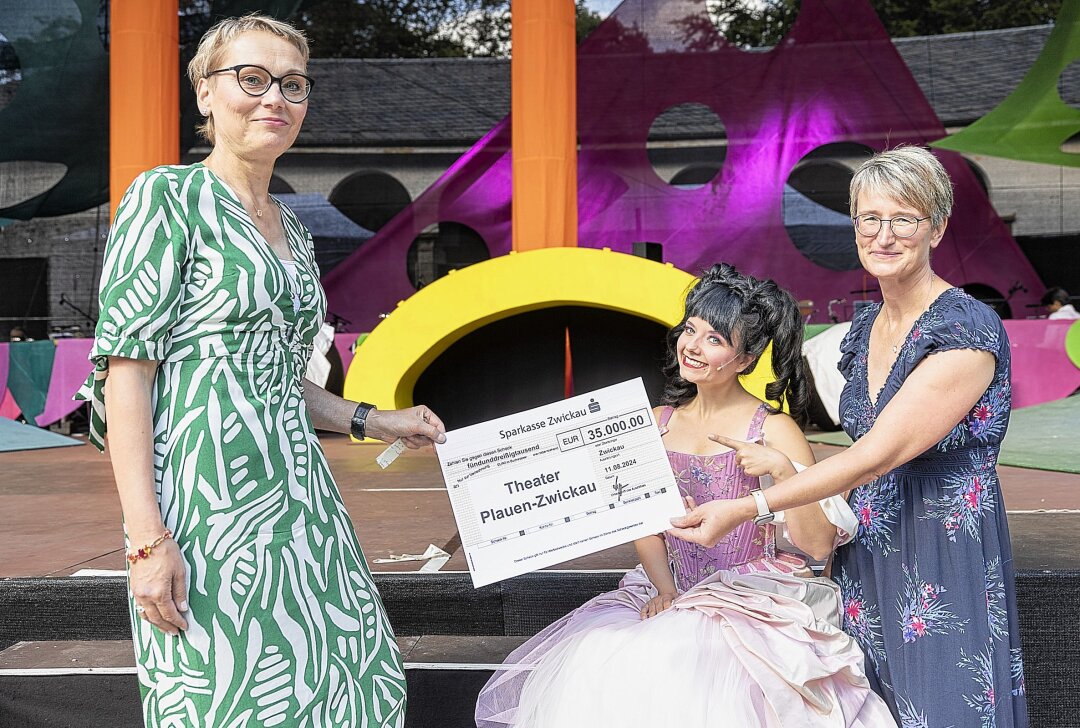 Großer Geldsegen für das Theater Plauen-Zwickau - Von links: Jacqueline Oetterer (Direktorin Private Banking Sparkasse Zwickau), Elisabeth Birgmeier (Sängerin), Sandra Kaiser (Geschäftsführerin Theater Plauen-Zwickau). Foto: André Leischner