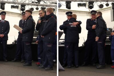 Jubiläen, Ehrungen und neue Technik - So war das Feuerwehrfest in Garnsdorf - Überreichung von Geschenken und Grußworten der anwesenden Gäste zur Fahrzeugeinweihung. Und Gratulation der Partnerfeuerwehr Murr zum neuen Einsatzfahrzeug. 