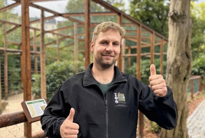 Kleinste Großkatze der Welt lebt jetzt im Auer Zoo der Minis - Zootierpfleger Peter Hömke vor dem Gehege des Chinaleoparden. Foto: Ralf Wendland