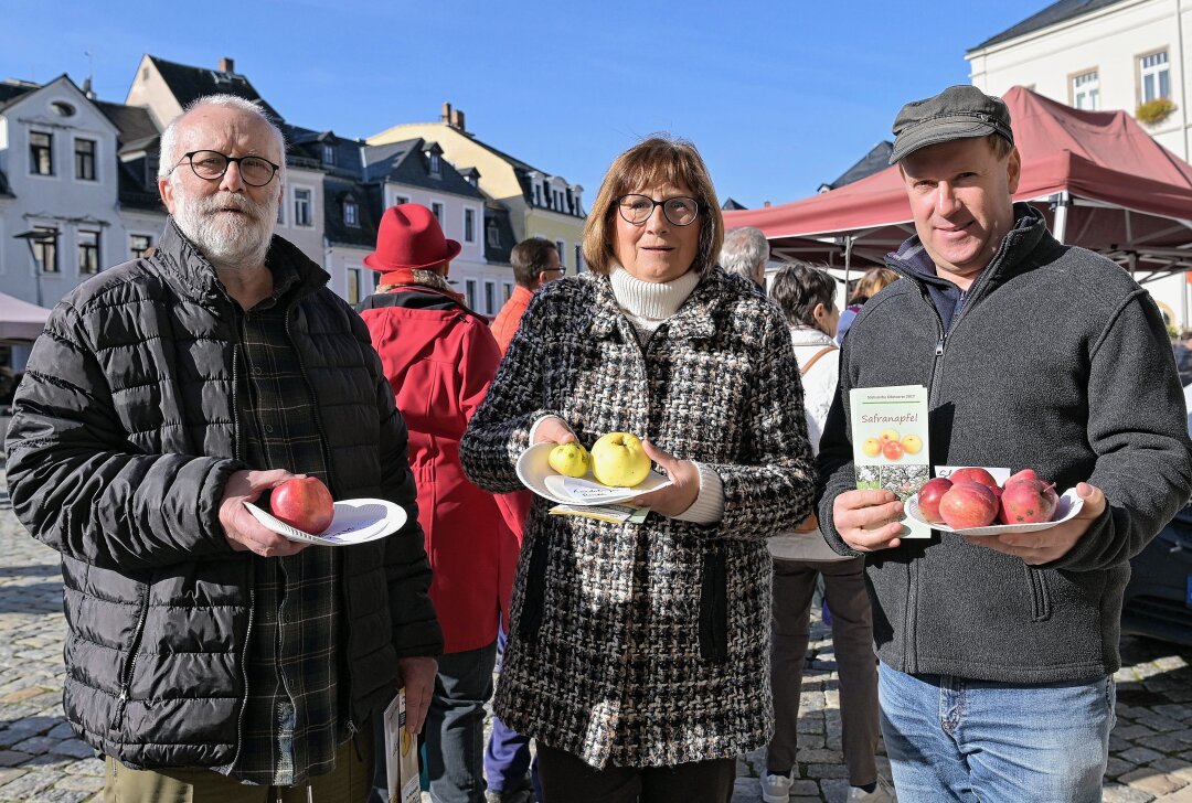 Knapp 40 Händler und eine besondere Premiere beim Öko- und Streuobstmarkt in Schneeberg - Äpfel gibt es in diesem Jahr sehr wenige aus der Region - im Bild (v.li.) Matthias Scheffler vom Landschaftspflegeverband, Beate Bauer vom Leader-Management und Pomologe Kai Geringswald. Foto: Ramona Schwabe