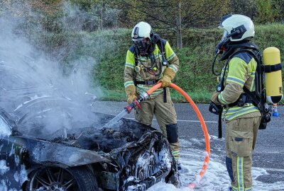 Kombi geht in Flammen auf: Familie rettet sich selbst - Als die Berufsfeuerwehr (Wachen Löbtau und Striesen) und die Stadtteilfeuerwehr Kaitz eintrafen, stand das Auto lichterloh in Flammen. Foto: Roland Halkasch