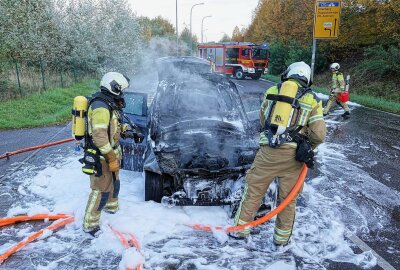 Kombi geht in Flammen auf: Familie rettet sich selbst - Mit Wasser und Schaum löschten die Feuerwehrleute den Brand. Der BMW brannte vollständig aus. Foto: Roland Halkasch