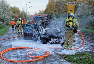 Kombi geht in Flammen auf: Familie rettet sich selbst - Die Stuttgarter Straße war wegen des Einsatzes gesperrt. Die Polizei ermittelt zur Brandursache. Foto: Roland Halkasch