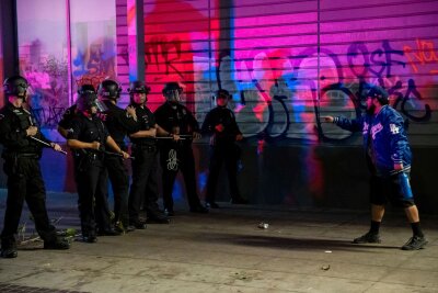 Krawalle in Los Angeles nach Final-Sieg der Dodgers - Ein Dodgers-Fan setzt sich mit der Polizei auseinander.