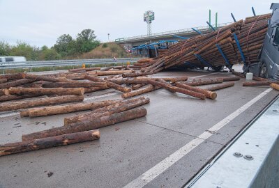 LKW kippt um: Holzstämme sorgen für Chaos und Vollsperrung auf A9 - Kurz vor 8 Uhr kam es heute auf der A9 zwischen den Anschlussstellen Leipzig-West und Großkugel zu einem schweren Verkehrsunfall. Foto: Christian Grube