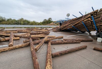 LKW kippt um: Holzstämme sorgen für Chaos und Vollsperrung auf A9 -  Der Anhänger des LKW kippte um, wobei sich die Ladung auf einer Länge von rund 100 Metern über die Autobahn verteilte.Foto: Christian Grube