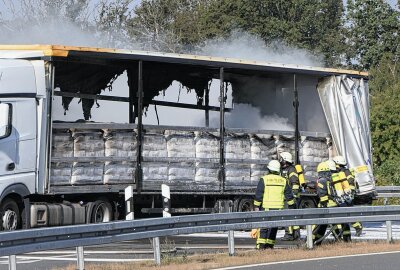 LKW-Trailer brennt auf A14: Dunkle Rauchwolken am Himmel - Ein Tschechischer Sattelzug hatte nach ersten Informationen gegen 9.30 Uhr kurz vor der Abfahrt Klinga in Fahrtrichtung Dresden einen Reifenplatzer. Foto: Sören Müller