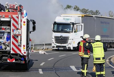 LKW-Trailer brennt auf A14: Dunkle Rauchwolken am Himmel - Die Freiwilligen Feuerwehren aus Naunhof, Brandis, Beucha, Trebsen und Klinga kamen zum Einsatz, um den Brand zu löschen. Foto: Sören Müller