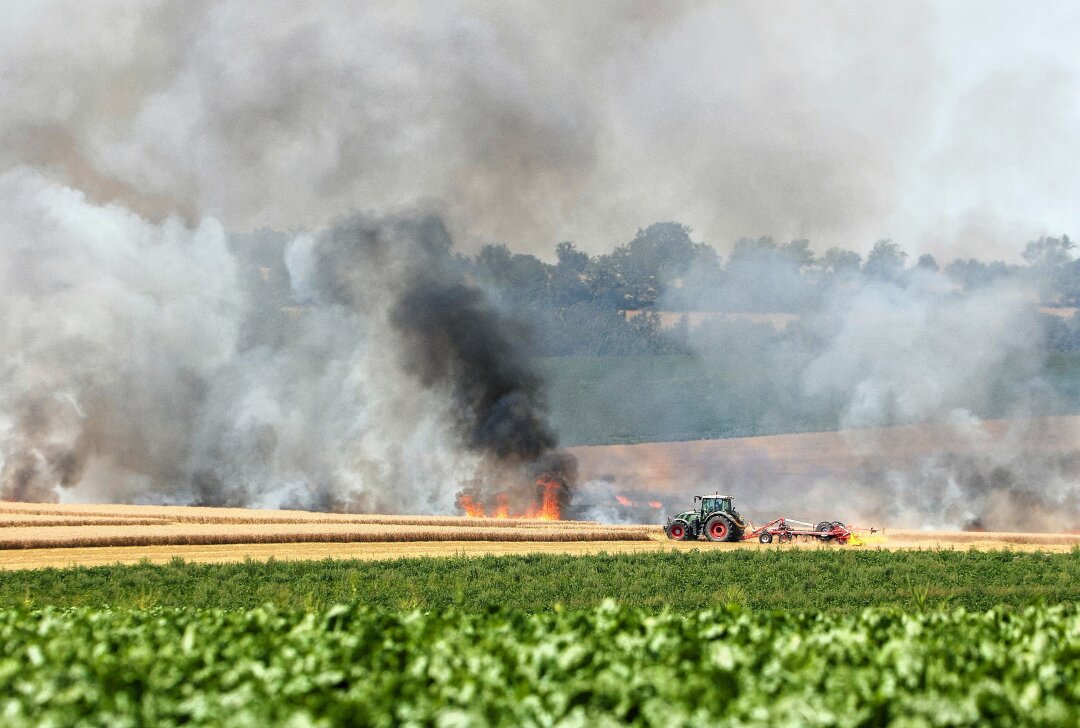 Mähdrescher geht bei Ernte in Mittelsachsen in Flammen auf: Feuer greift auf Feld über - Am Mittwochmittag ist im Waldheimer Ortsteil Knobelsdorf ein Mähdrescher sowie ein Feld in Brand geraten. Foto: EHL Media/Tim Meyer