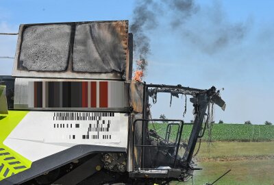 Mähdrescher geht bei Ernte in Mittelsachsen in Flammen auf: Feuer greift auf Feld über - Sowohl der Mähdrescher, als auch das angrenzende Feld brannten. Foto: EHL Media/Tim Meyer