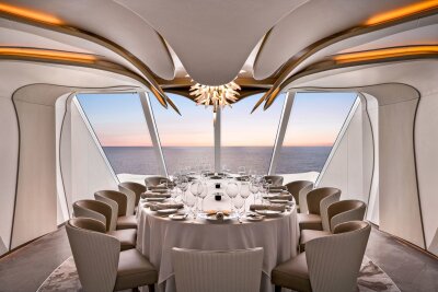 Meeresgiganten: Die neuen Kreuzfahrtschiffe 2025 - Ambiente statt Action: Der Fokus bei Oceania Cruises liegt auf Kulinarik und Luxus. Das Bild zeigt den Privee-Bereich auf der "Vista", dem Schwesterschiff der "Allura" - ein Dinner-Séparée, das Gäste extra buchen können.