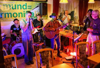 Mundharmonika-Musik in Klingenthal bis in die Nacht hinein - Die Flatland Countryband mit Josa (vorne links) und weiteren Mundharmonika-Spielern die während der Live-Nacht Lust hatten zu jammen. Foto: Johannes Schmidt