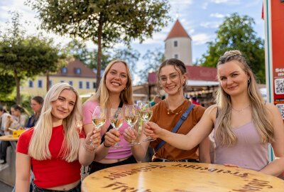 Musik, Kunst und Genuss: Bergstadtfest Freiberg in voller Blüte - Gute Stimmung auf Weindorf im Hof des Schloss Freudenstein. Foto: Marcel Schlenkrich